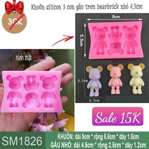 Khuôn silicon 3 con gấu trơn bearbrick nhỏ 4,5cm ( SM1826 ) mẫu 2024