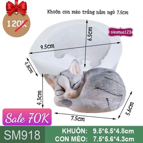Khuôn rau câu silicon con mèo trắng nằm ngủ 7,5cm ( SM918 ) CÒN 1 CON