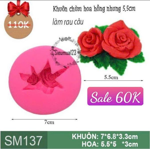 Khuôn rau câu silicon 4d: Khuôn chùm hoa hồng nhung 5,5cm ( SM137 )