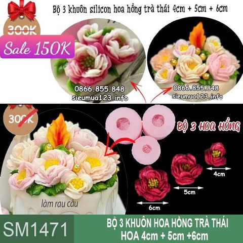 Bộ 3 khuôn silicon hoa hồng trà thái 4cm, 5cm, 6cm ( SM1471 )