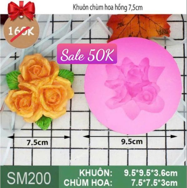Khuôn silicon hoa hồng chùm 3 bông kèm lá 7,5cm ( SM200 )