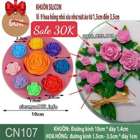 Khuôn silicon 9 hoa hồng nhỏ xíu như nút áo từ 1,7 đến 3,5cm làm fondant ( CN107 )