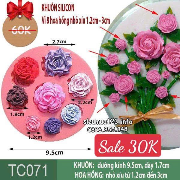 Khuôn silicon vỉ 8 hoa hồng nhỏ xíu từ 1,2cm đến 3cm làm fondant  ( TC071 )