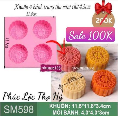Khuôn silicon 4 bánh trung thu mini chữ Phúc Lộc Thọ Hỷ 4,3cm ( SM598 ) CÒN 1 BỘ