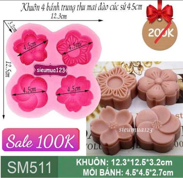 Khuôn silicon 4 bánh trung thu mai đào cúc sứ 4,5cm ( SM511 ) CÒN 3 BỘ