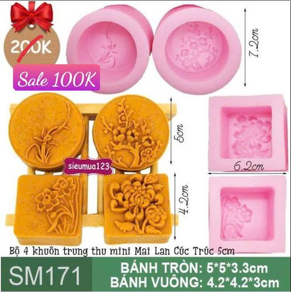 Bộ 4 khuôn trung thu mini Mai Lan Cúc Trúc 5cm ( SM171 ) CÒN 3 BỘ