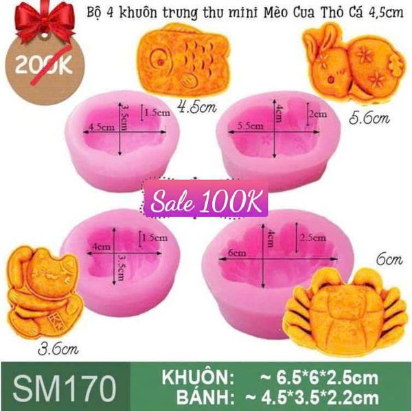 Bộ 4 khuôn trung thu mini Mèo Cua Thỏ Cá 4,5cm ( SM170 ) CÒN 3 BỘ