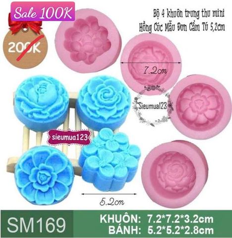 Bộ 4 khuôn trung thu mini tròn Hồng Cúc Mẫu Đơn Cẩm Tú 5,2cm ( SM169 ) CÒN 1 BỘ