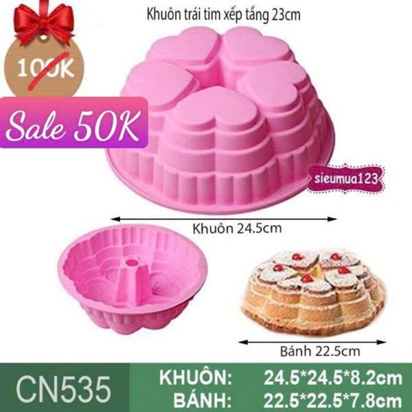 Khuôn nướng bánh silicon tròn to 5 trái tim xếp tầng 23cm ( CN535 )