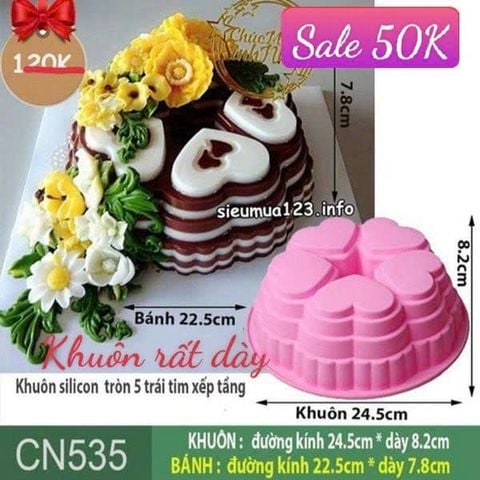Khuôn silicon làm rau câu 5 trái tim xếp tầng 23cm ( CN535 )