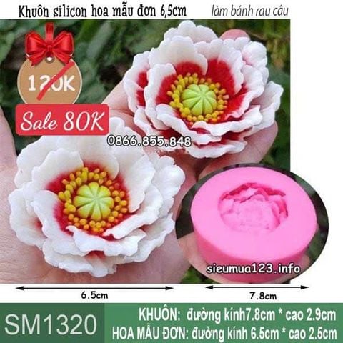 Khuôn silicon hoa mẫu đơn cánh mỏng nhụy vàng 6,5cm ( SM1320 )