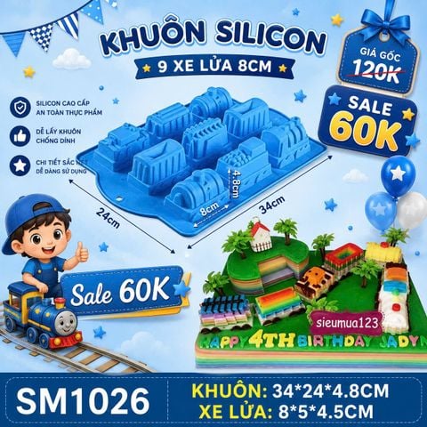 Khuôn silicon làm bánh xe lửa 9 toa to 8cm ( SM1026 )