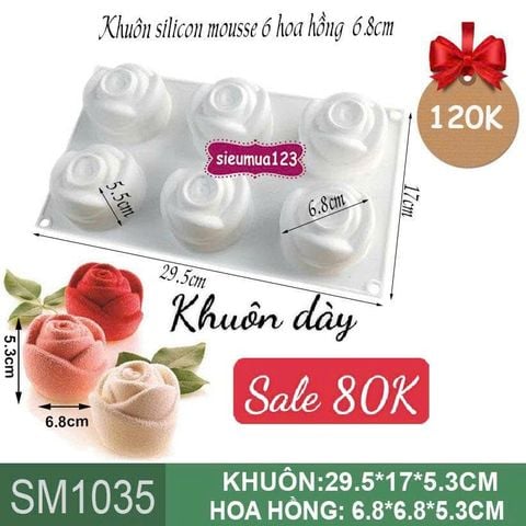 Khuôn silicon mousse 6 hoa hồng 6.8cm ( SM1035 ) CÒN 3 CÁI