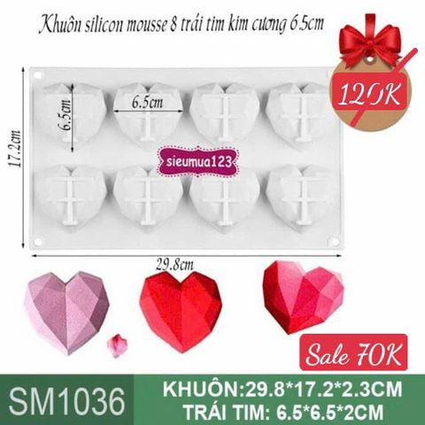 Khuôn silicon mousse 8 trái tim kim cương 6.5cm ( SM1036 ) CÒN NHIỀU