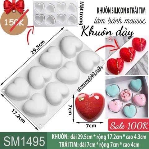 Khuôn silicon 8 trái tim bo tròn 7cm làm bánh mousse ( SM1495 ) CÒN 9 CÁI