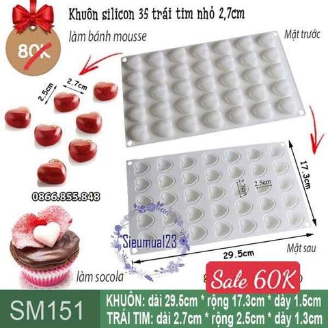 Khuôn silicon 35 trái tim nhỏ 2,7cm làm bánh mousse ( SM151 ) CÒN 6 VỈ