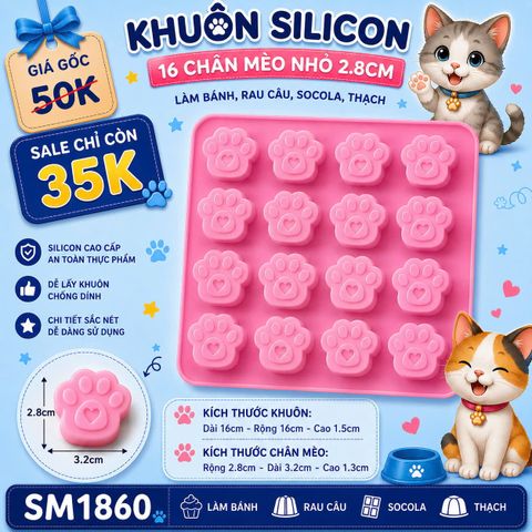 Khuôn silicon 16 chân mèo nhỏ 3,2cm ( SM1860 ) mẫu 2024