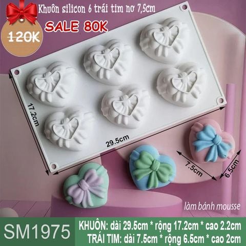 Khuôn silicon làm bánh mousse 6 trái tim nơ 7,5cm ( SM1975 ) CÒN NHIỀU