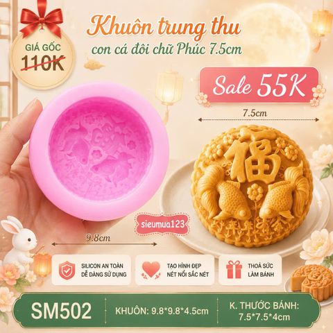 Khuôn rau câu trung thu con cá đôi chữ phúc 7,5cm ( SM502 ) CÒN 10 CÁI