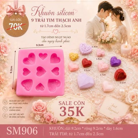 Khuôn silicon 9 trái tim thạch anh từ 1,7cm đến 2,5cm ( SM906 )