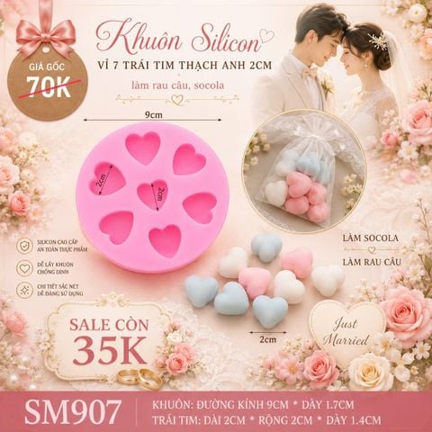 Khuôn silicon tròn 7 trái tim thạch anh 2cm ( SM907 )