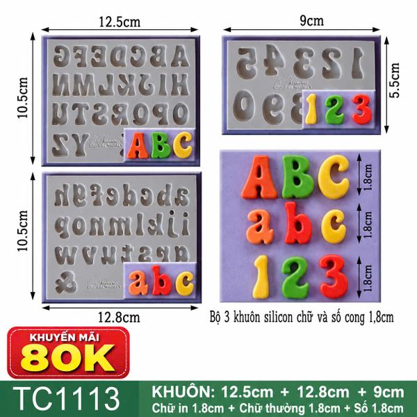 Bộ 3 khuôn silicon chữ và số cong 1,8cm ( TC1113 )