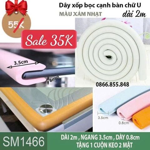 Dây xốp bọc cạnh bàn chữ U màu xám nhạt dài 2m ( SM1466 ) có kèm keo dán