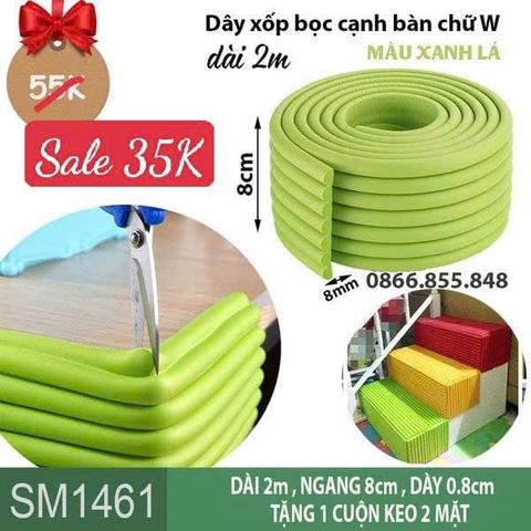 Dây xốp bọc cạnh bàn chữ W dài 2m màu xanh lá đậm (SM1461 ) kèm keo dán