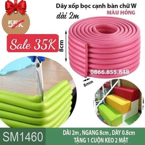 Dây xốp bọc cạnh bàn chữ W dài 2m màu hồng đậm (SM1460 ) kèm keo dán
