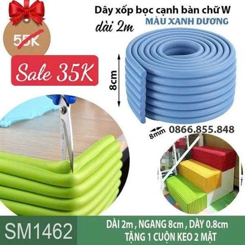 Dây xốp bọc cạnh bàn chữ W dài 2m màu xanh dương đậm (SM1462 ) kèm keo dán