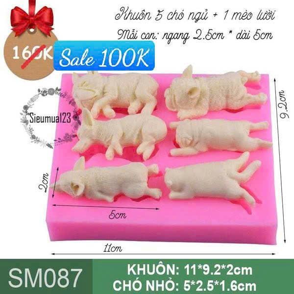 Khuôn silicon 5 con chó ngủ và 1 mèo lười nhỏ 5cm ( SM087 )