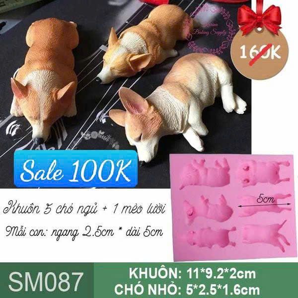 Khuôn silicon 5 con chó ngủ và 1 mèo lười nhỏ 5cm ( SM087 )