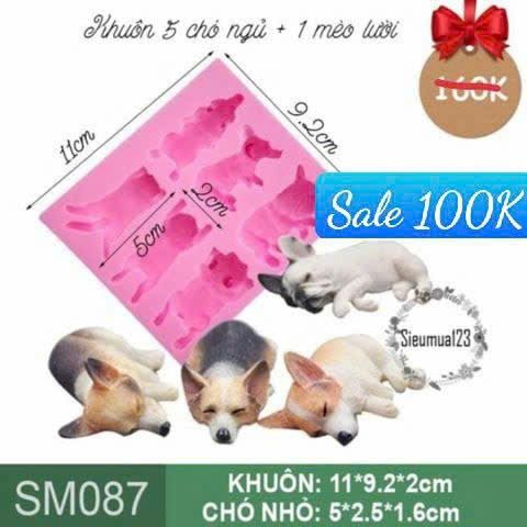 Khuôn silicon 5 con chó ngủ và 1 mèo lười nhỏ 5cm ( SM087 )