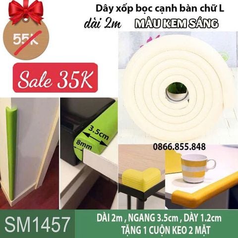 Dây xốp bọc cạnh bàn chữ L màu kem dài 2m (SM1457 ) bản dày kèm keo dán
