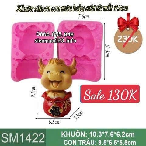 Khuôn silicon làm rau câu con trâu cười tít mắt ngồi trong túi vàng chữ Phúc 9,5cm ( SM1422 )