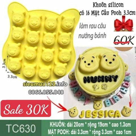 Khuôn silicon 16 mặt gấu Pooh 3,3cm ( TC630 )