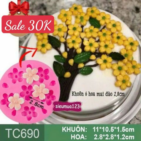 Khuôn silicon vỉ 6 hoa mai hoa đào kèm lá 2,8cm ( TC690 )