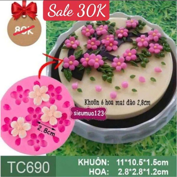 Khuôn silicon vỉ 6 hoa mai hoa đào kèm lá 2,8cm ( TC690 )