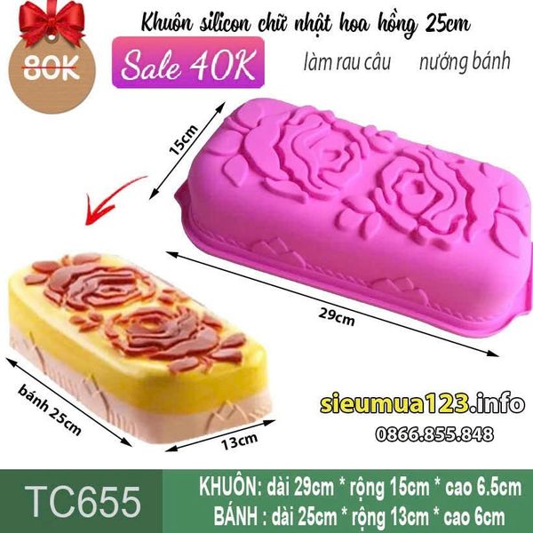 Khuôn silicon chữ nhật hoa hồng bo 25cm ( TC655 ) CÒN 2 CÁI