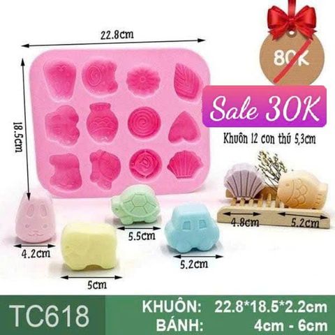 Khuôn nướng bánh silicon 12 tim lá rùa 5,3cm ( TC618 )
