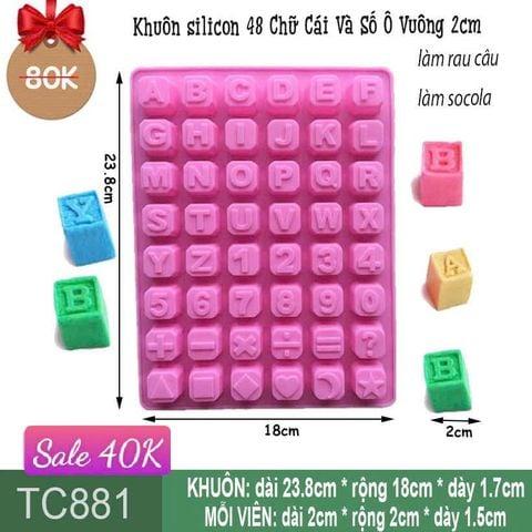 Khuôn silicon 48 Chữ Cái Và Số Ô Vuông 2cm ( TC881 ) còn 1 cái