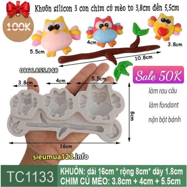 Khuôn silicon 3 con chim cú mèo to 3,8cm đến 5,5cm ( TC1133 )