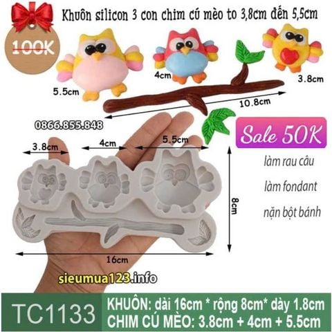Khuôn silicon 3 con chim cú mèo to 3,8cm đến 5,5cm ( TC1133 )