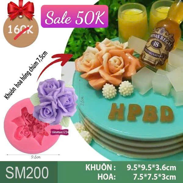 Khuôn silicon hoa hồng chùm 3 bông kèm lá 7,5cm ( SM200 )