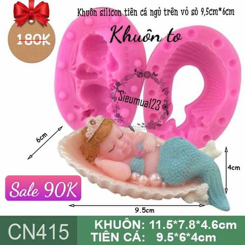 Khuôn silicon em bé baby tiên cá cô gái ngủ trên vỏ sò 9,5cm * 6cm ( CN415 )