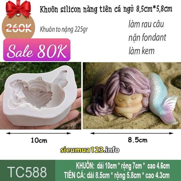 Khuôn silicon nàng tiên cá ngủ khoanh tay 8,5cm ( TC588 ) khuôn chữ nhật