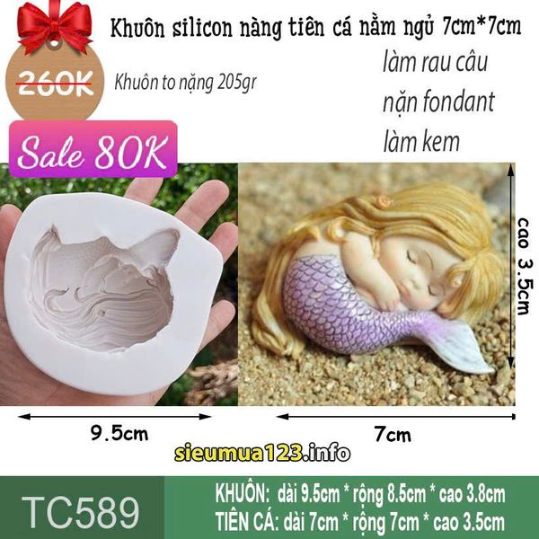 Khuôn silicon nàng tiên cá nằm ngủ to 7cm ( TC589 ) khuôn tròn