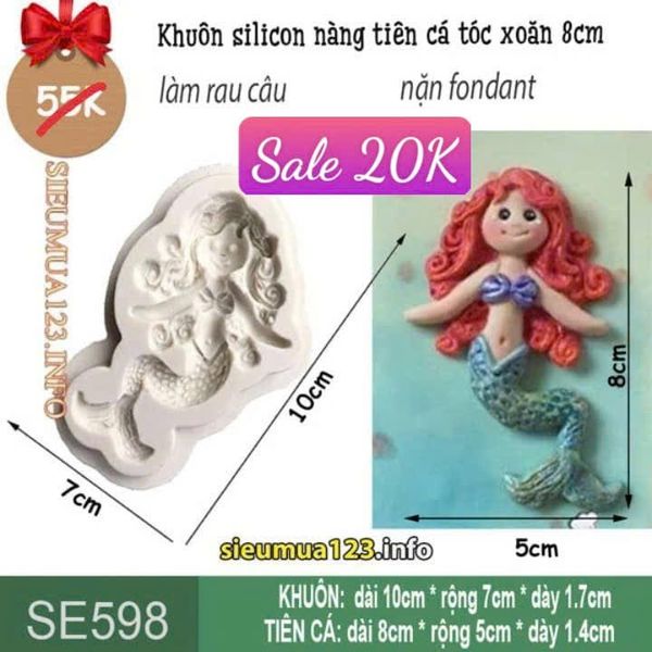 Khuôn silicon nàng tiên cá tóc xoăn 8cm ( SE598 )