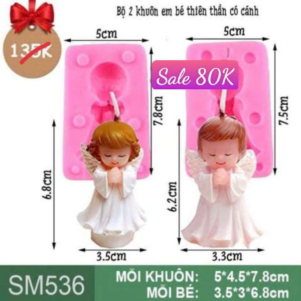 Khuôn silicon 2 em bé baby thiên thần có cánh cao 6,8cm ( SM536 )