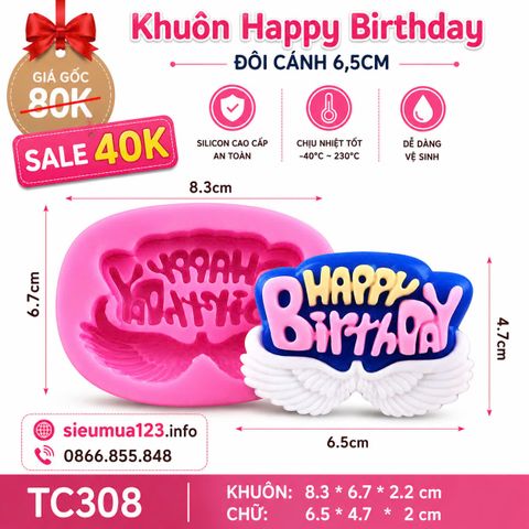 Khuôn silicon chữ happy birthday 6,5cm ( TC308 ) đôi cánh thiên thần